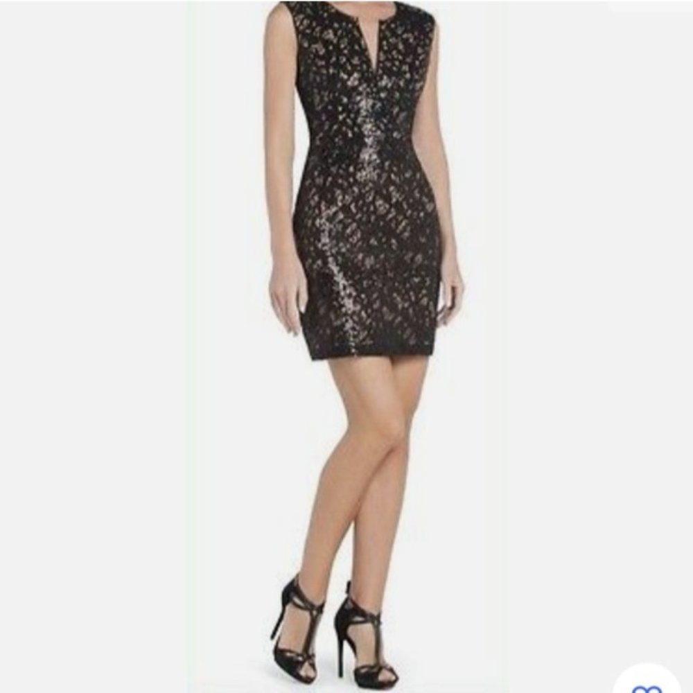 NWT BCBG MAXAZRIA Kaya Black Sequin Lace Cocktail Open Back Dress size 0